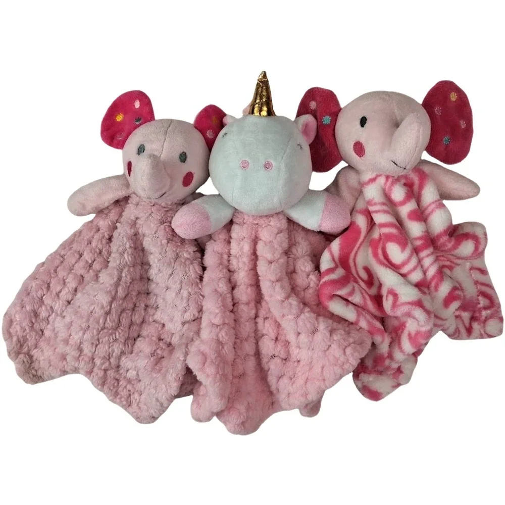 3pc Baby Girl Security Blanket Lot Sunrise‎ RN 130369 Pink Elephant Unicorn